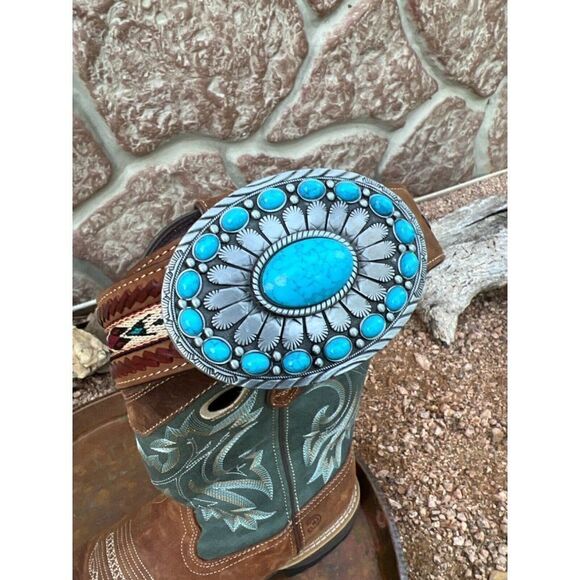 TURQUOISE LARGE CONCHO T-bird WESTERN SILVER BELT ADJUSTABLE BUCKLE MEN WOMEN - Picture 4 of 11